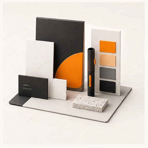 Materiais de identidade visual em preto, branco e laranja